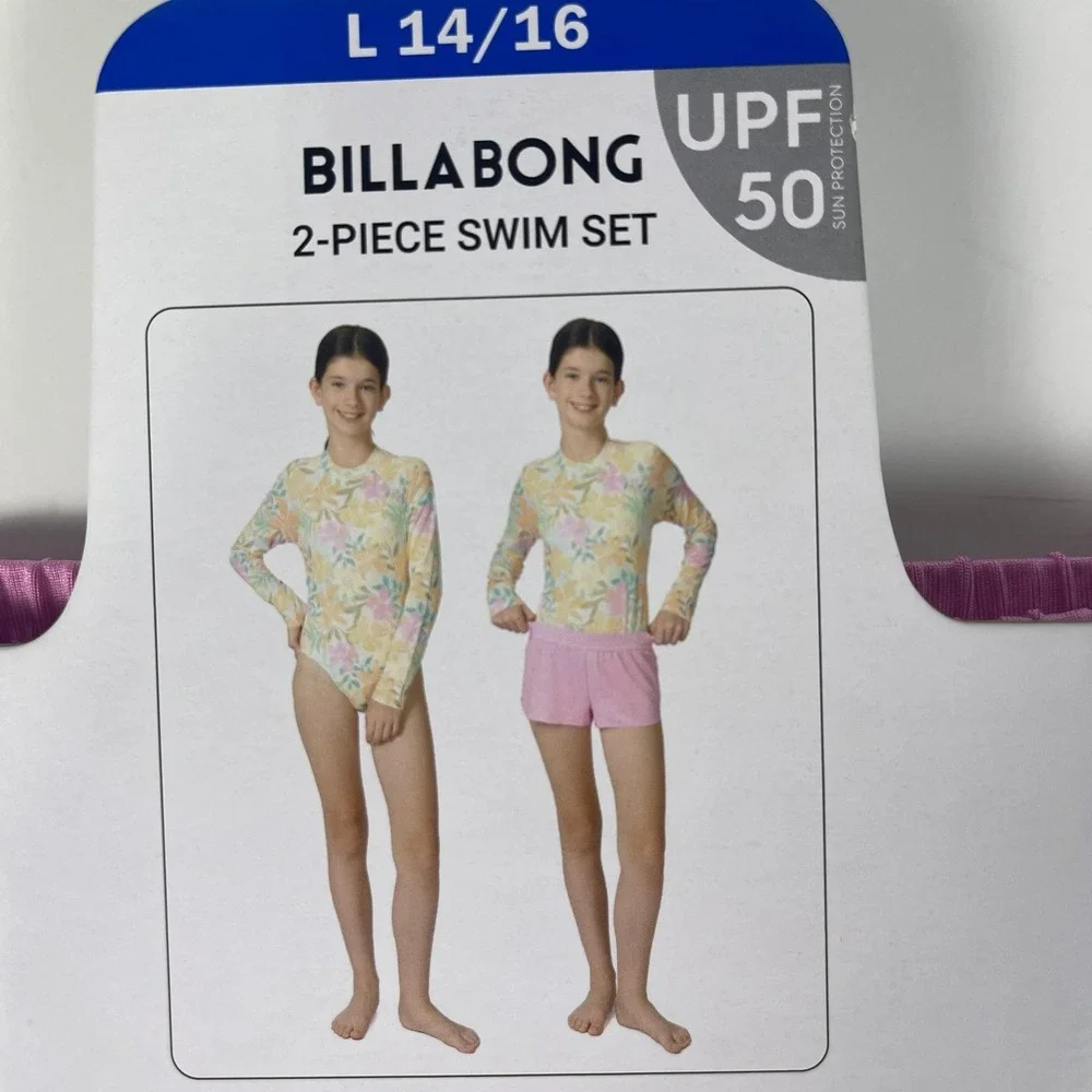 Billabong Girls Floral Long Sleeve Rashguard One-Piece & Shorts Swim Set L 14/16